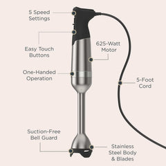 Vitamix 5-Speed Immersion Blender 5-Piece Bundle, 625-Watt Motor, One-Handed Operation, 5 ft cord, includes Mini-Chopper, Blending Jar, Whisk Attachment & Storage Case, Stainless Steel/Black